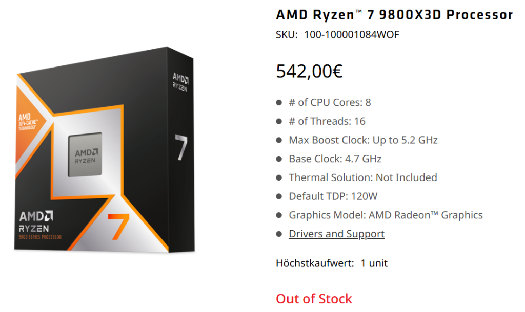 Reverse Black Friday: AMD Ryzen 7 9800X3D Price Increase in Germany