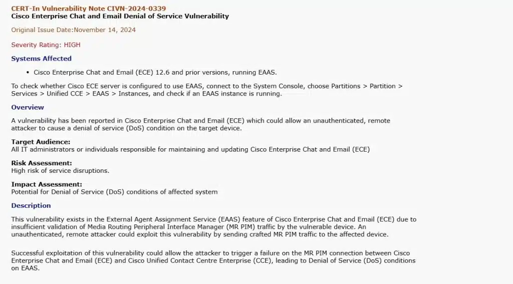 High-Severity Vulnerability in Cisco ECE Could Lead to Denial of Service, CERT-In Issues Alert